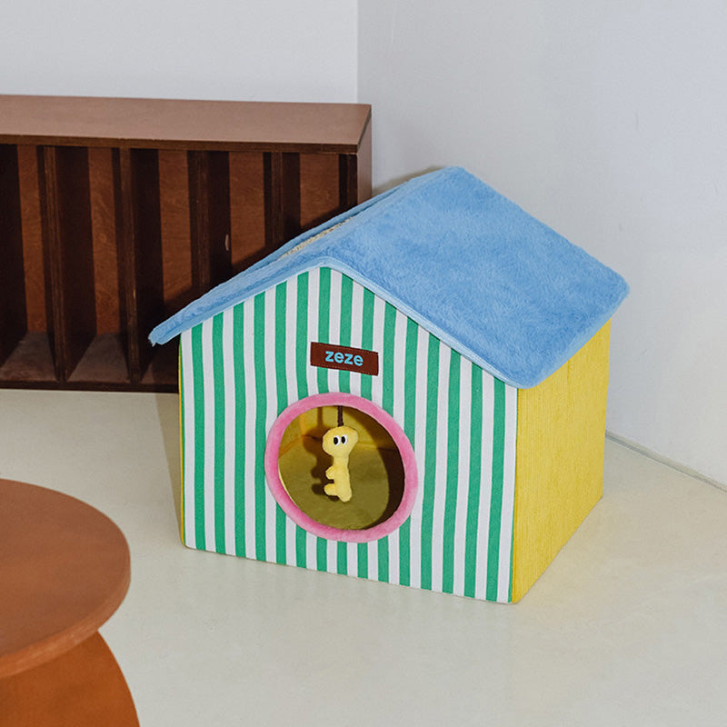 Contemporary Creative Square Medium-Density Fiberboard Velvet Linen Enclosed Foldable Cat Bed For Bedroom