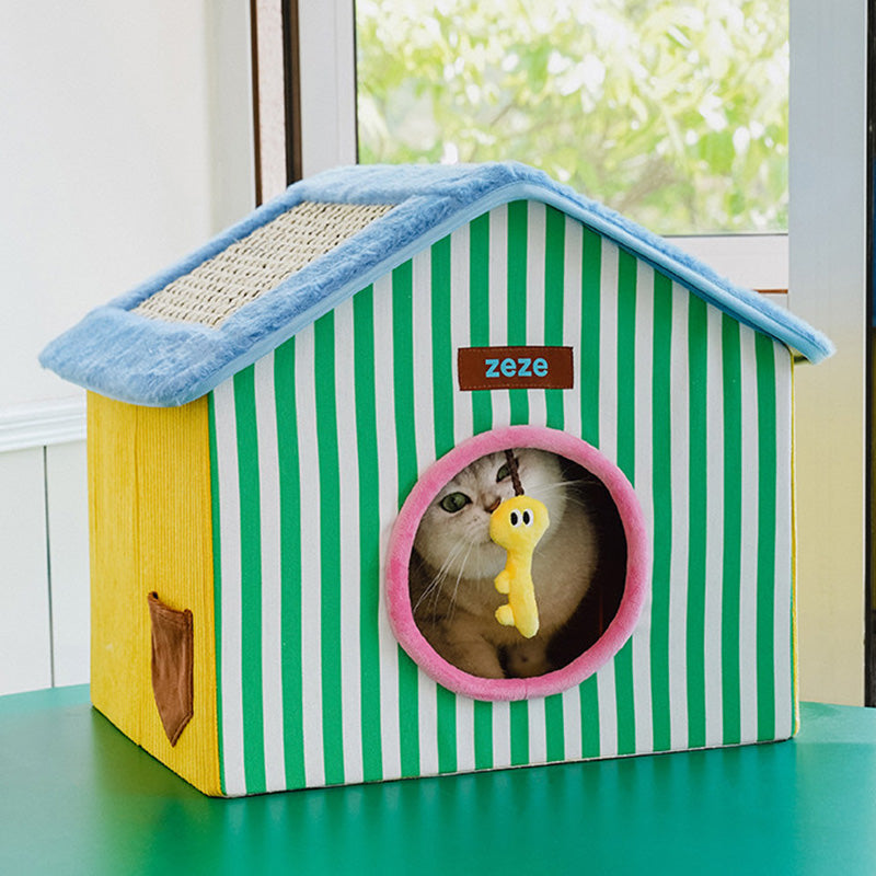 Contemporary Creative Square Medium-Density Fiberboard Velvet Linen Enclosed Foldable Cat Bed For Bedroom