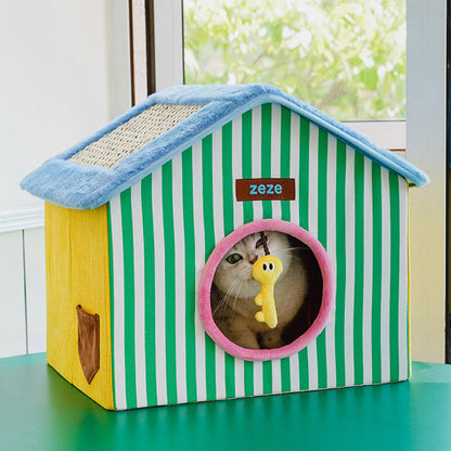 Contemporary Creative Square Medium-Density Fiberboard Velvet Linen Enclosed Foldable Cat Bed For Bedroom