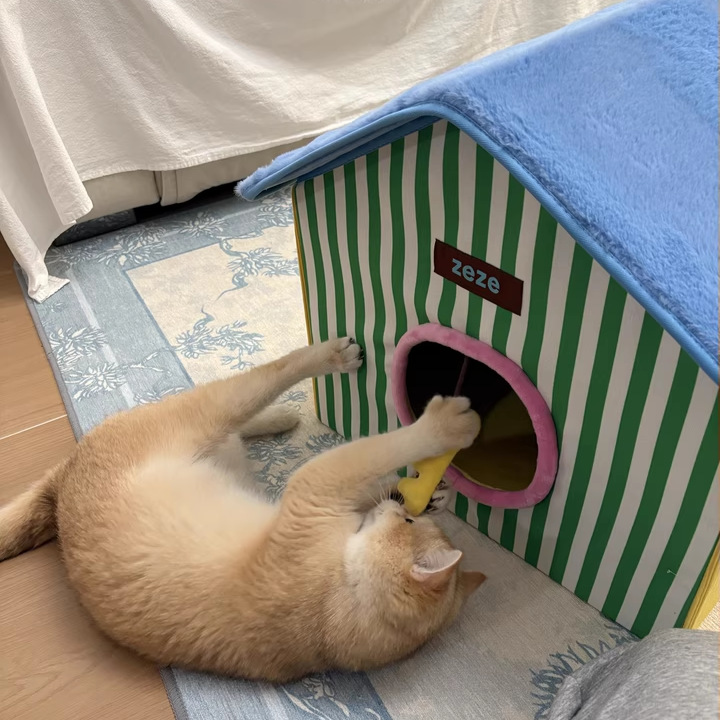 Contemporary Creative Square Medium-Density Fiberboard Velvet Linen Enclosed Foldable Cat Bed For Bedroom