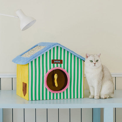 Contemporary Creative Square Medium-Density Fiberboard Velvet Linen Enclosed Foldable Cat Bed For Bedroom