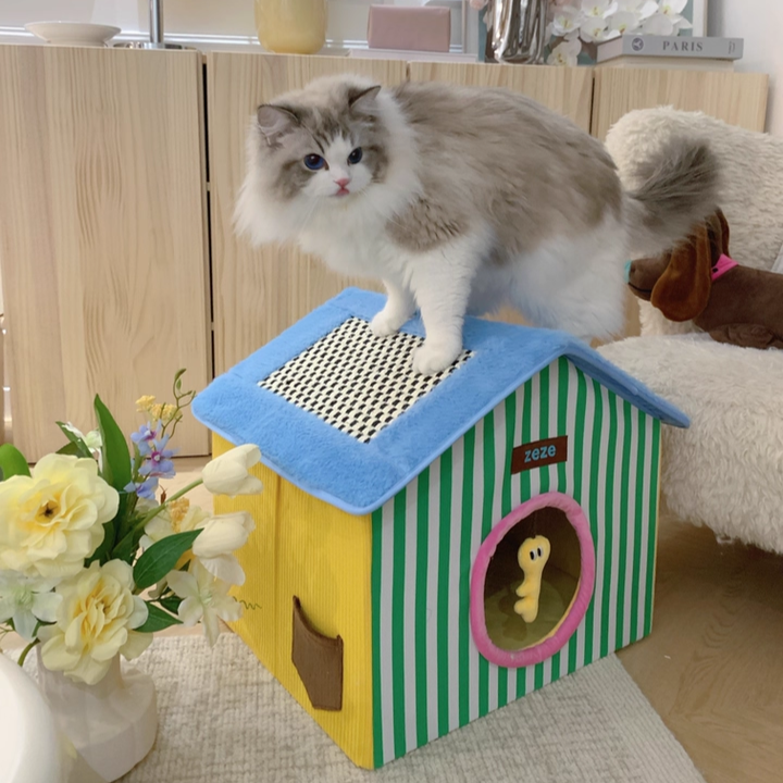 Contemporary Creative Square Medium-Density Fiberboard Velvet Linen Enclosed Foldable Cat Bed For Bedroom