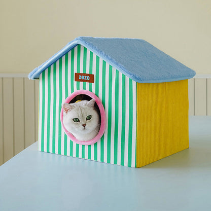 Contemporary Creative Square Medium-Density Fiberboard Velvet Linen Enclosed Foldable Cat Bed For Bedroom