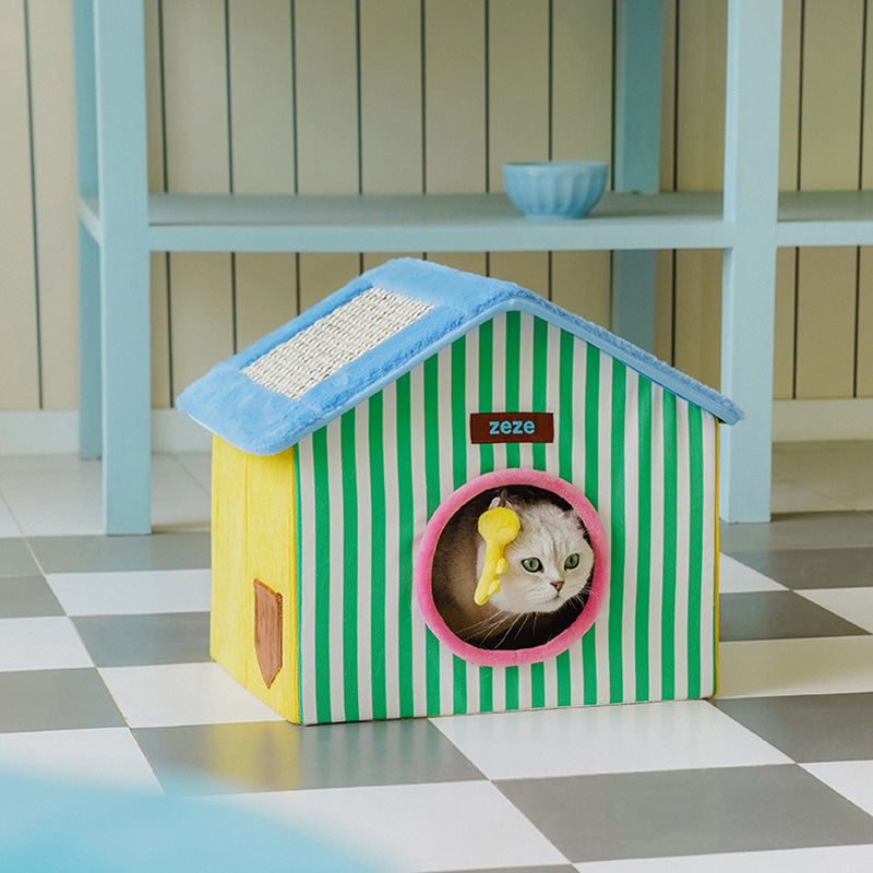 Contemporary Creative Square Medium-Density Fiberboard Velvet Linen Enclosed Foldable Cat Bed For Bedroom