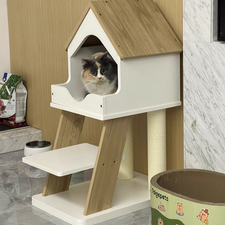 Contemporary Scandinavian Rectangular Plywood PVC Kraft Paper Rope Acrylic Cat Tree For Living Room