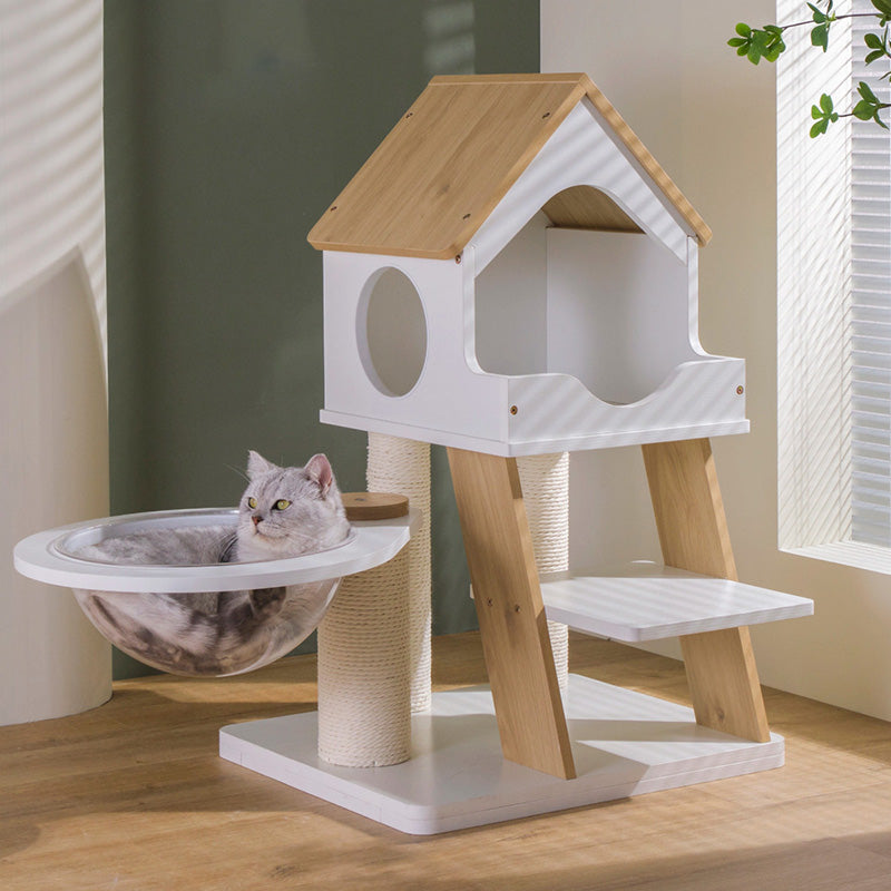 Contemporary Scandinavian Rectangular Plywood PVC Kraft Paper Rope Acrylic Cat Tree For Living Room