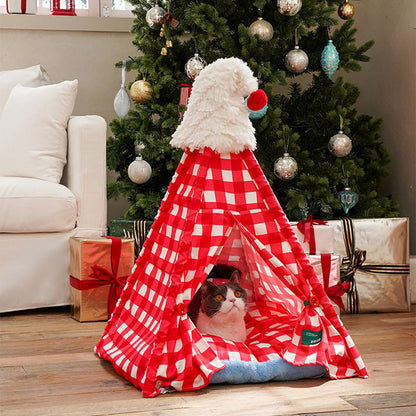 Contemporary Creative Triangle Velvet Linen Polyester Christmas Tent Cat Bed For Bedroom