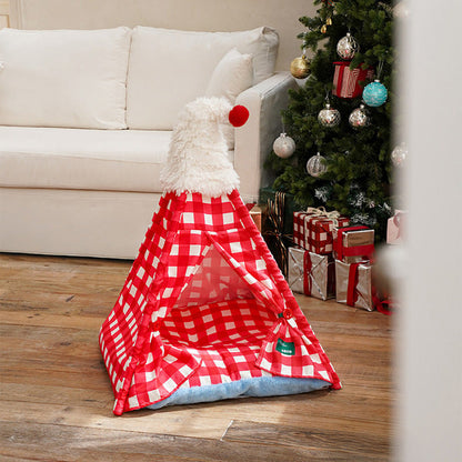Contemporary Creative Triangle Velvet Linen Polyester Christmas Tent Cat Bed For Bedroom