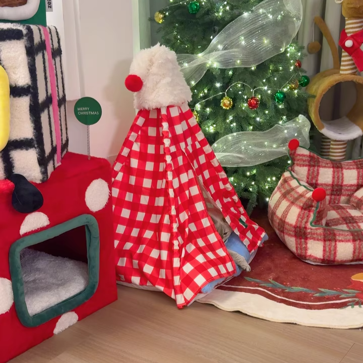 Contemporary Creative Triangle Velvet Linen Polyester Christmas Tent Cat Bed For Bedroom