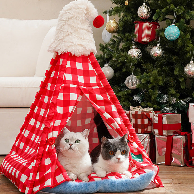 Contemporary Creative Triangle Velvet Linen Polyester Christmas Tent Cat Bed For Bedroom