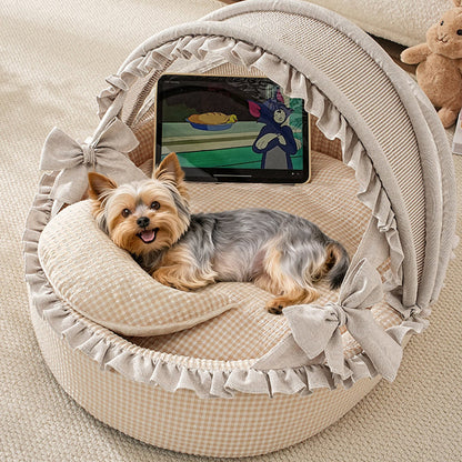 Contemporary Scandinavian Round Polyester-Cotton Velvet Semi-Enclosed Cradle Cat Bed For Bedroom