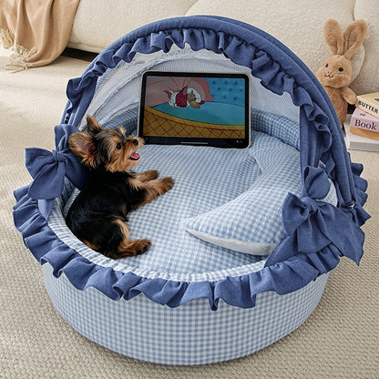 Contemporary Scandinavian Round Polyester-Cotton Velvet Semi-Enclosed Cradle Cat Bed For Bedroom