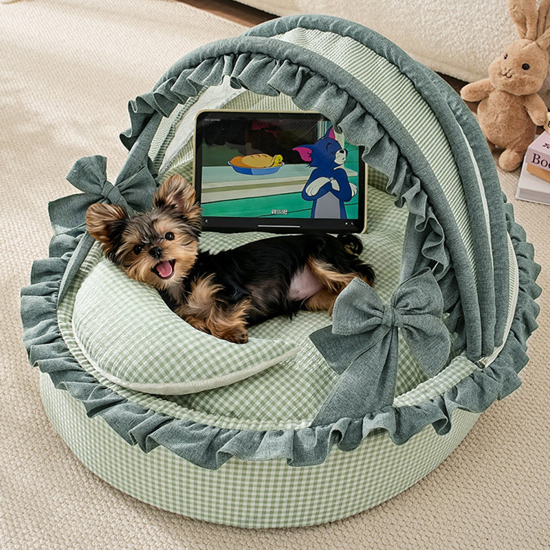 Contemporary Scandinavian Round Polyester-Cotton Velvet Semi-Enclosed Cradle Cat Bed For Bedroom
