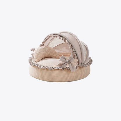 Contemporary Scandinavian Round Polyester-Cotton Velvet Semi-Enclosed Cradle Cat Bed For Bedroom