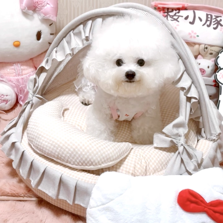 Contemporary Scandinavian Round Polyester-Cotton Velvet Semi-Enclosed Cradle Cat Bed For Bedroom