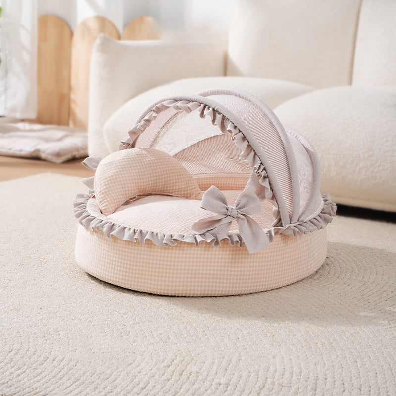 Contemporary Scandinavian Round Polyester-Cotton Velvet Semi-Enclosed Cradle Cat Bed For Bedroom