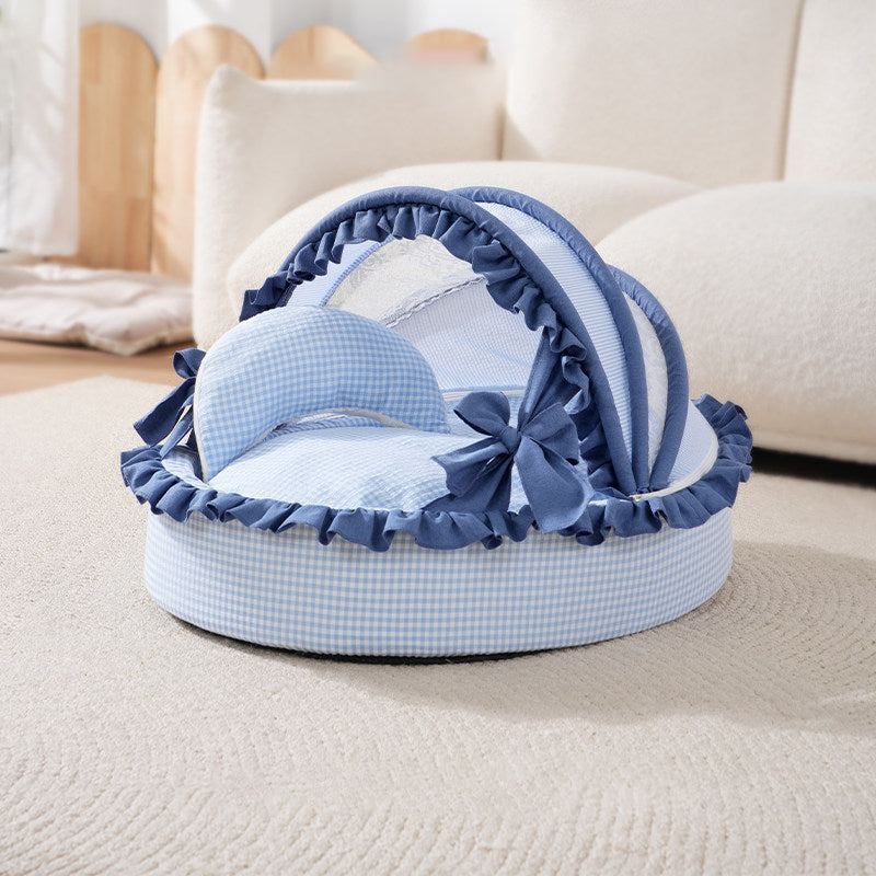 Contemporary Scandinavian Round Polyester-Cotton Velvet Semi-Enclosed Cradle Cat Bed For Bedroom