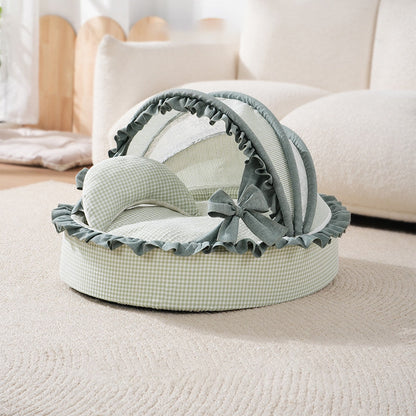 Contemporary Scandinavian Round Polyester-Cotton Velvet Semi-Enclosed Cradle Cat Bed For Bedroom