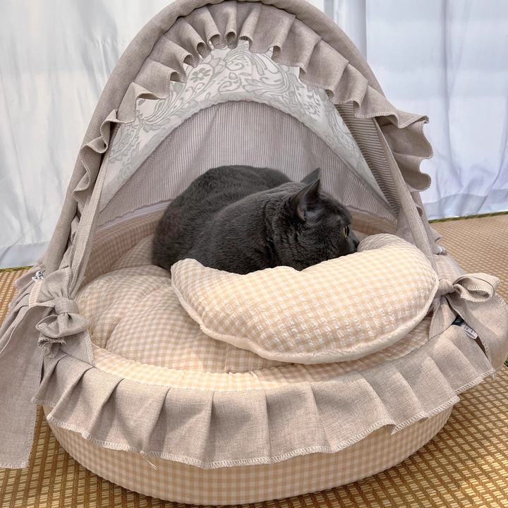 Contemporary Scandinavian Round Polyester-Cotton Velvet Semi-Enclosed Cradle Cat Bed For Bedroom