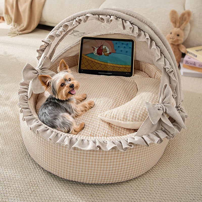 Contemporary Scandinavian Round Polyester-Cotton Velvet Semi-Enclosed Cradle Cat Bed For Bedroom