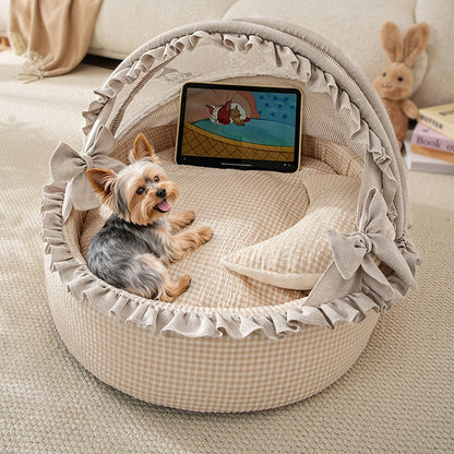 Contemporary Scandinavian Round Polyester-Cotton Velvet Semi-Enclosed Cradle Cat Bed For Bedroom