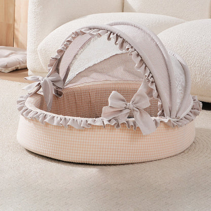 Contemporary Scandinavian Round Polyester-Cotton Velvet Semi-Enclosed Cradle Cat Bed For Bedroom