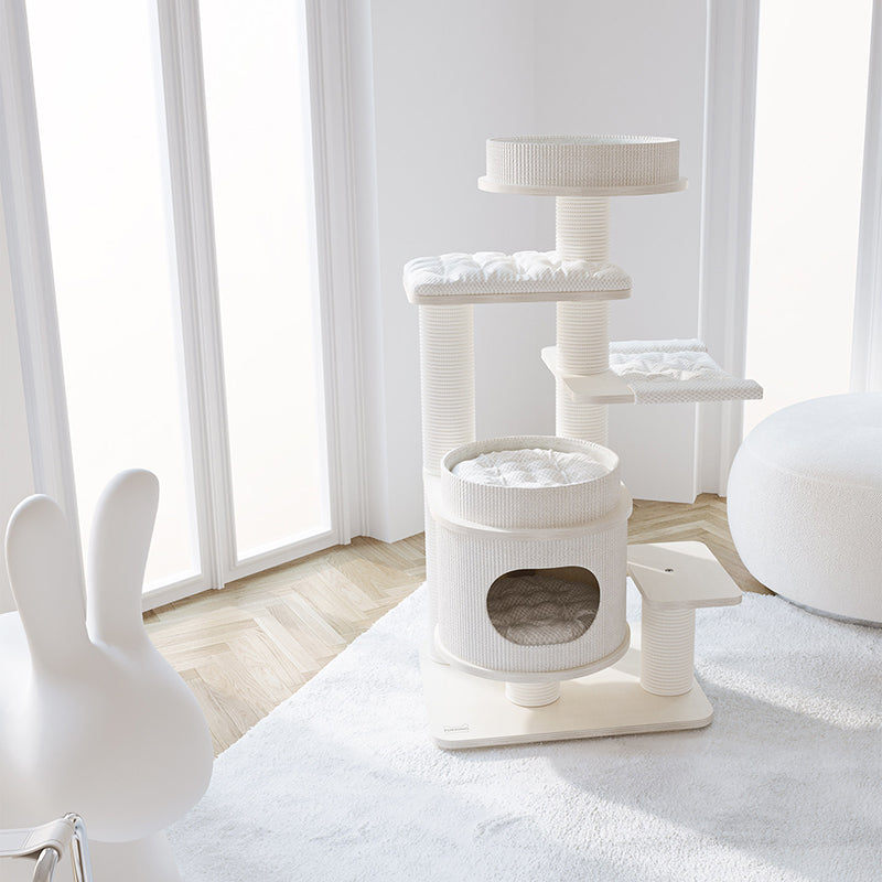 Contemporary Scandinavian Rectangular Plywood Fiberboard Paper Rope Paper Tube Corduroy Cat Tree 5-Tier For Bedroom