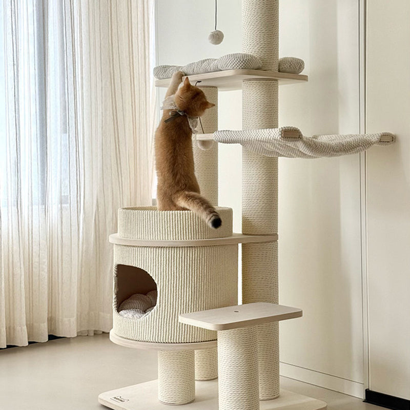 Contemporary Scandinavian Rectangular Plywood Fiberboard Paper Rope Paper Tube Corduroy Cat Tree 5-Tier For Bedroom