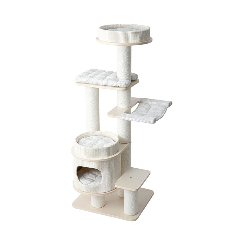 Contemporary Scandinavian Rectangular Plywood Fiberboard Paper Rope Paper Tube Corduroy Cat Tree 5-Tier For Bedroom