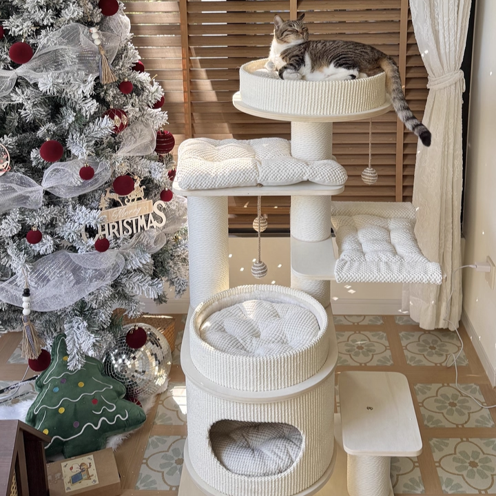 Contemporary Scandinavian Rectangular Plywood Fiberboard Paper Rope Paper Tube Corduroy Cat Tree 5-Tier For Bedroom