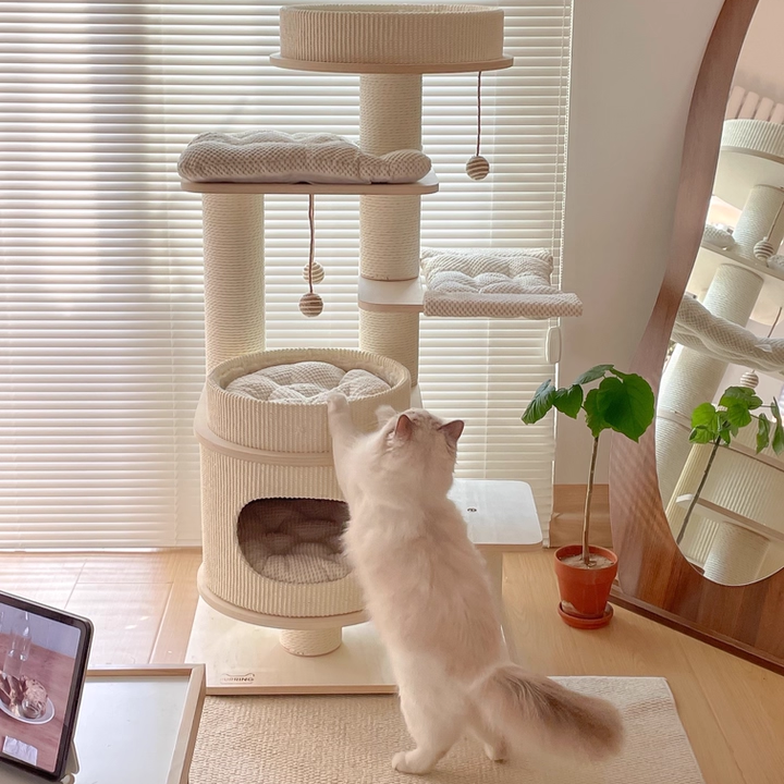 Contemporary Scandinavian Rectangular Plywood Fiberboard Paper Rope Paper Tube Corduroy Cat Tree 5-Tier For Bedroom