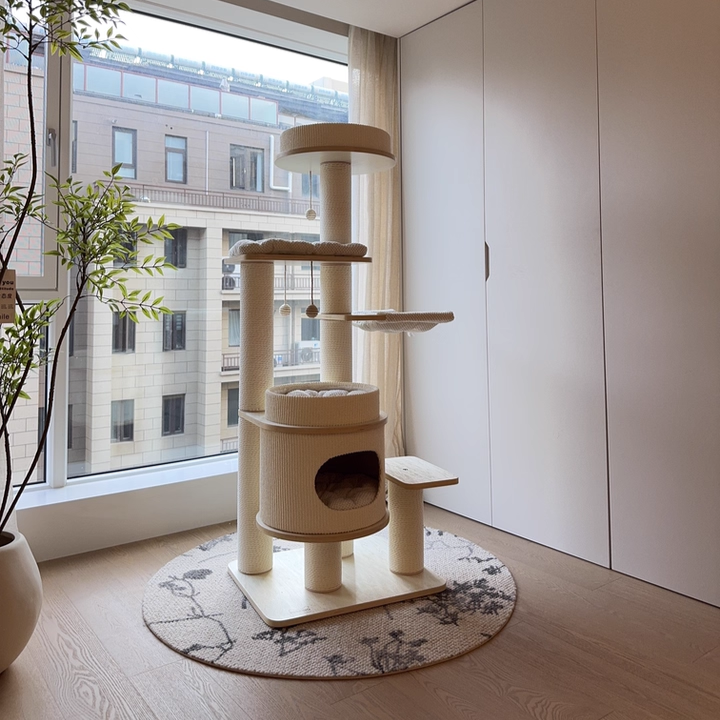 Contemporary Scandinavian Rectangular Plywood Fiberboard Paper Rope Paper Tube Corduroy Cat Tree 5-Tier For Bedroom