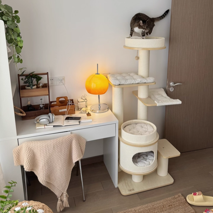 Contemporary Scandinavian Rectangular Plywood Fiberboard Paper Rope Paper Tube Corduroy Cat Tree 5-Tier For Bedroom