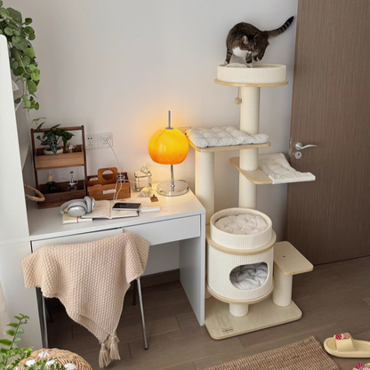 Contemporary Scandinavian Rectangular Plywood Fiberboard Paper Rope Paper Tube Corduroy Cat Tree 5-Tier For Bedroom