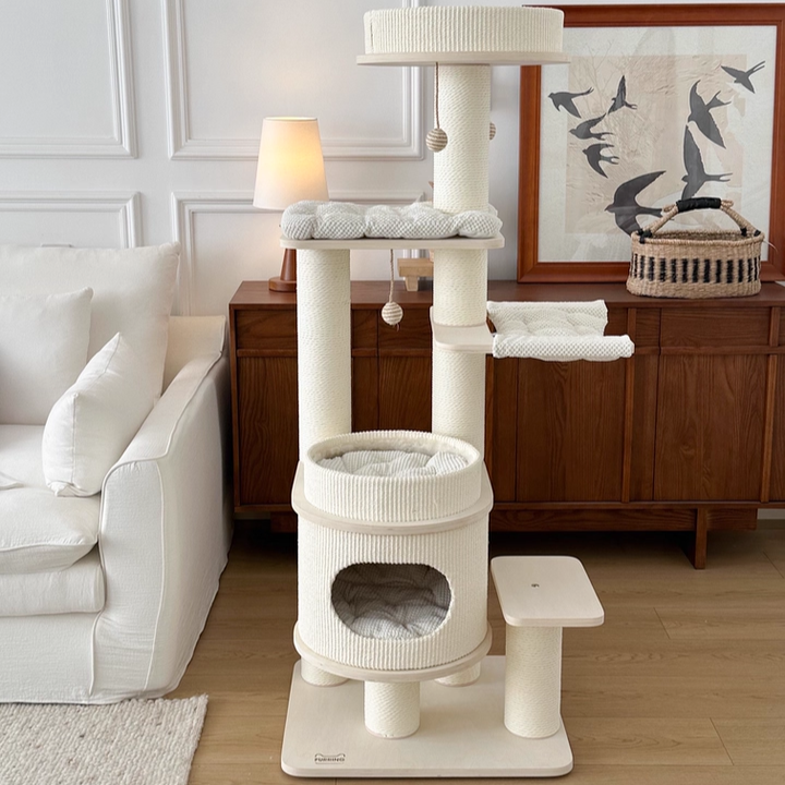 Contemporary Scandinavian Rectangular Plywood Fiberboard Paper Rope Paper Tube Corduroy Cat Tree 5-Tier For Bedroom