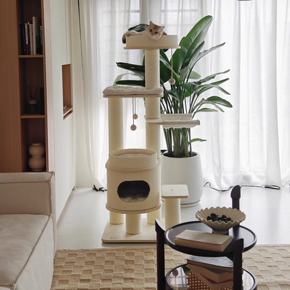 Contemporary Scandinavian Rectangular Plywood Fiberboard Paper Rope Paper Tube Corduroy Cat Tree 5-Tier For Bedroom