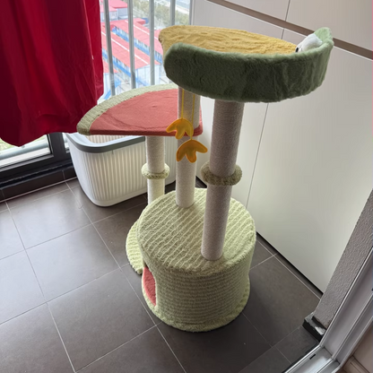 Contemporary Creative Round Particleboard Velvet Fabric Sisal Watermelon Cat Tree 3-Tier For Bedroom