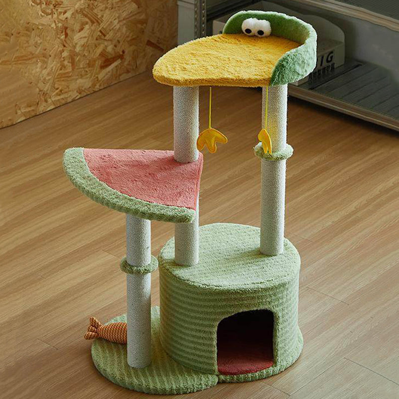 Contemporary Creative Round Particleboard Velvet Fabric Sisal Watermelon Cat Tree 3-Tier For Bedroom