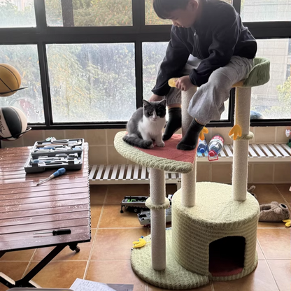 Contemporary Creative Round Particleboard Velvet Fabric Sisal Watermelon Cat Tree 3-Tier For Bedroom