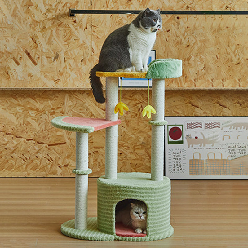 Contemporary Creative Round Particleboard Velvet Fabric Sisal Watermelon Cat Tree 3-Tier For Bedroom