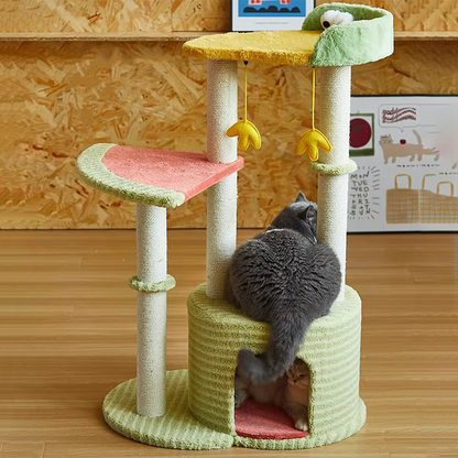 Contemporary Creative Round Particleboard Velvet Fabric Sisal Watermelon Cat Tree 3-Tier For Bedroom