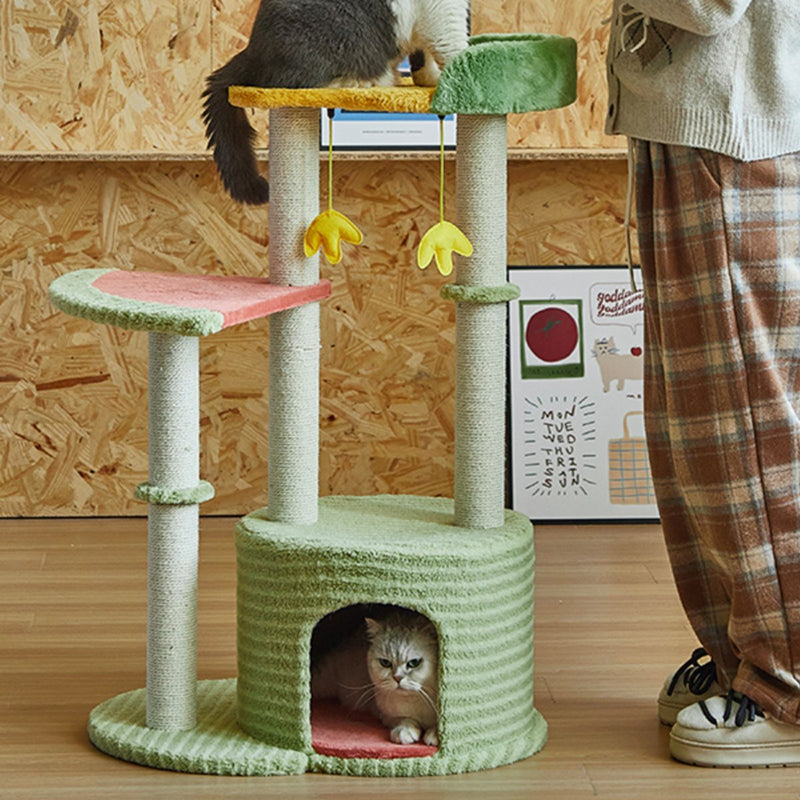Contemporary Creative Round Particleboard Velvet Fabric Sisal Watermelon Cat Tree 3-Tier For Bedroom