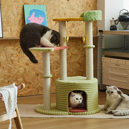 Contemporary Creative Round Particleboard Velvet Fabric Sisal Watermelon Cat Tree 3-Tier For Bedroom