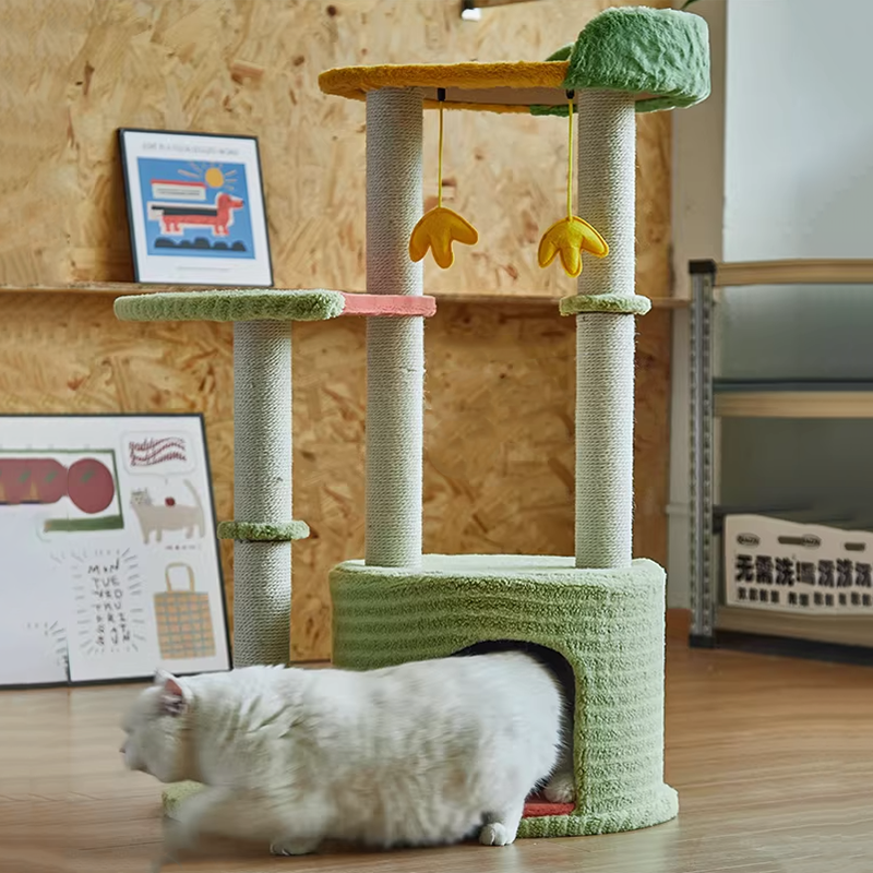 Contemporary Creative Round Particleboard Velvet Fabric Sisal Watermelon Cat Tree 3-Tier For Bedroom