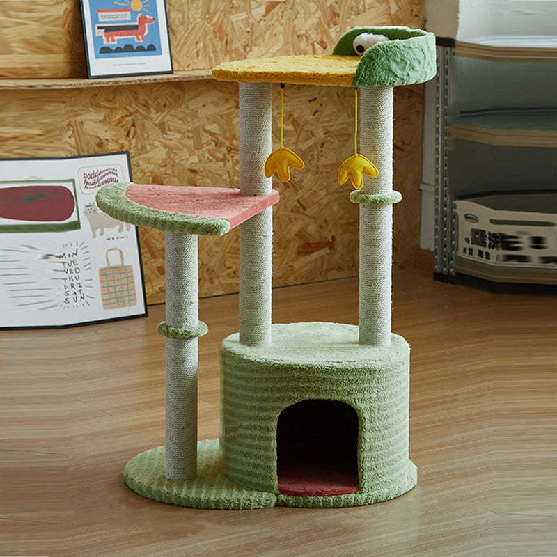 Contemporary Creative Round Particleboard Velvet Fabric Sisal Watermelon Cat Tree 3-Tier For Bedroom