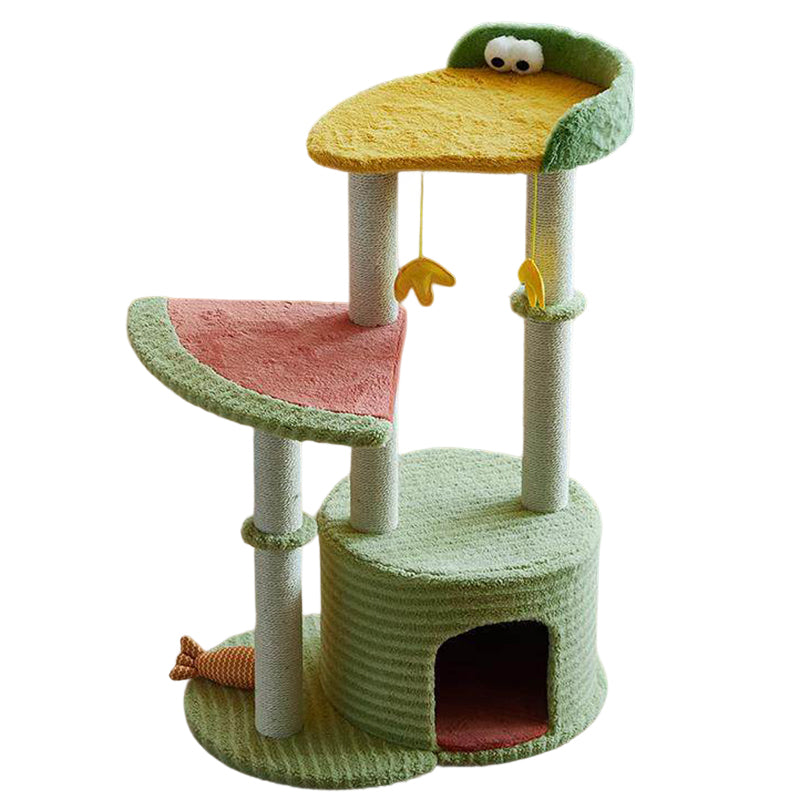 Contemporary Creative Round Particleboard Velvet Fabric Sisal Watermelon Cat Tree 3-Tier For Bedroom