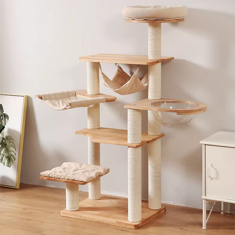 Contemporary Scandinavian Rectangular Rubberwood Pine Wood Pillar Corduroy Kraft Paper Rope Acrylic Cat Tree 5-Tier For Bedroom