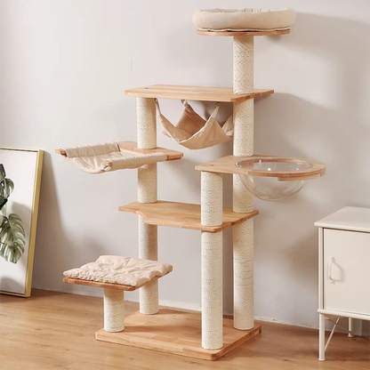 Contemporary Scandinavian Rectangular Rubberwood Pine Wood Pillar Corduroy Kraft Paper Rope Acrylic Cat Tree 5-Tier For Bedroom