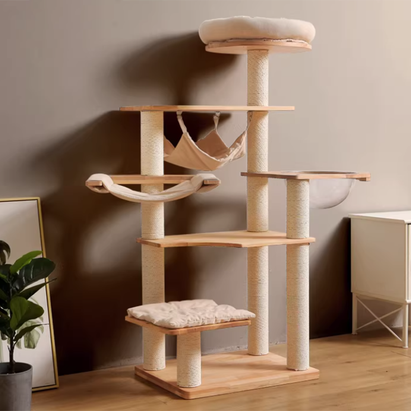 Contemporary Scandinavian Rectangular Rubberwood Pine Wood Pillar Corduroy Kraft Paper Rope Acrylic Cat Tree 5-Tier For Bedroom