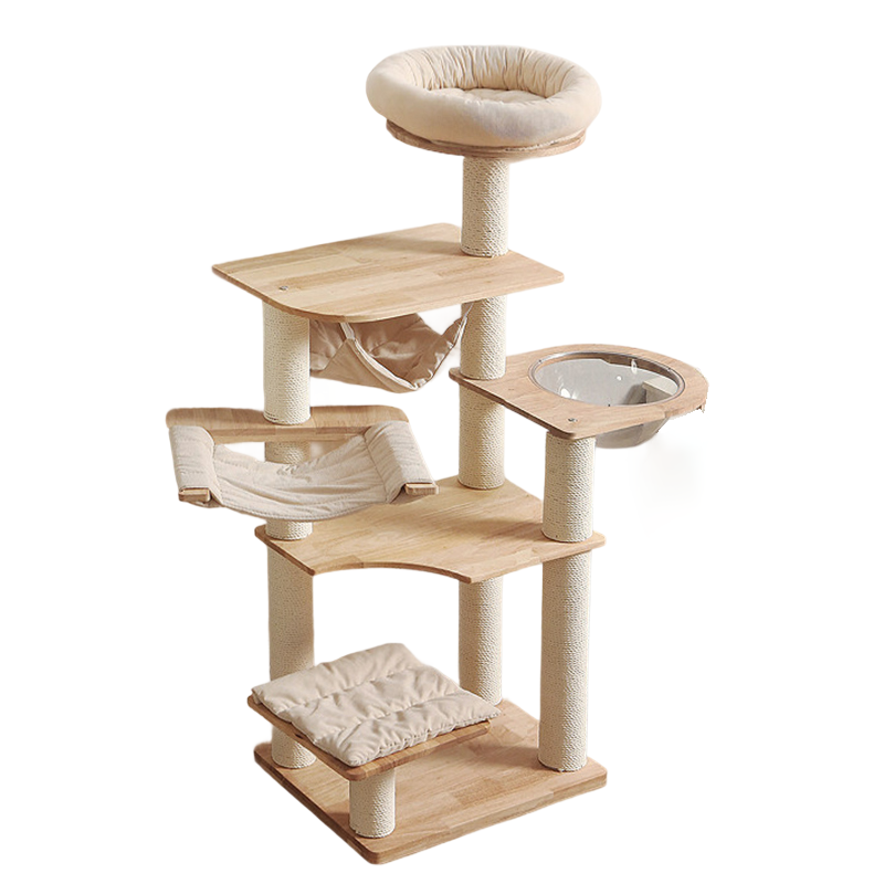 Contemporary Scandinavian Rectangular Rubberwood Pine Wood Pillar Corduroy Kraft Paper Rope Acrylic Cat Tree 5-Tier For Bedroom
